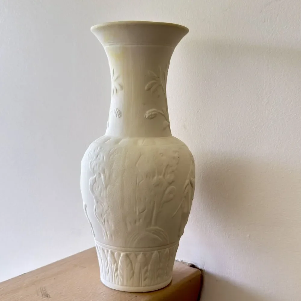 Vintage Handmade Unglazed Posy Vase Hand Carved Pottery Off White10 Inches